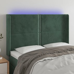 vidaXL Cabeceira de cama c/ LED veludo 147x16x118/128 cm verde-escuro