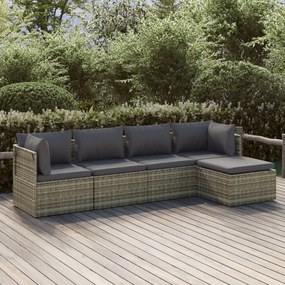 5 pcs conjunto lounge de jardim c/ almofadões vime PE cinzento