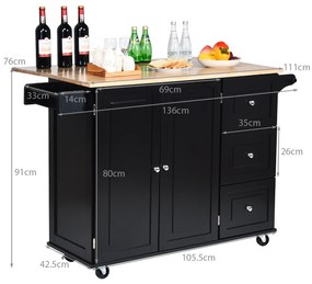 Carrinho de Cozinha Dobrável com Rodas Spice Rack Toalheiro e Tábua de Corte Prateleiras Ajustáveis ​​para Sala de Jantar 136 x 76 x 91 cm Preto