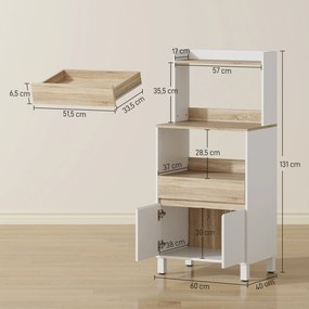Móvel aparador de cozinha com armário, gaveta e prateleira superior, 60 x 40 x 131 cm, em carvalho e branco