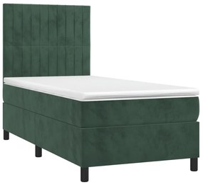 Cama box spring c/ colchão/LED 90x190 cm veludo verde-escuro