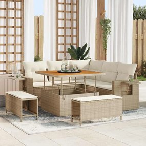 Conjunto de Sofá de Jardim 8 Peças com Almofadas Bege Rattan Polímero Acácia