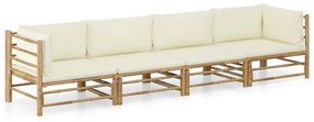 4 pcs conj. lounge p/ jardim em bambu c/ almofadões branco nata