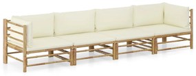 vidaXL 4 pcs conj. lounge p/ jardim em bambu c/ almofadões branco nata