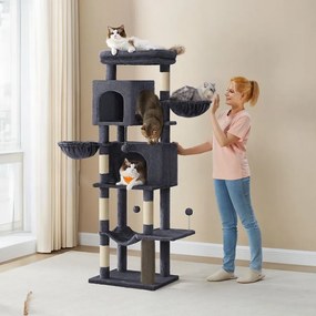 Arranhador para gatos com 190,7 cm de altura, 2 cavernas e 2 cavidades para descansar cinza escuro