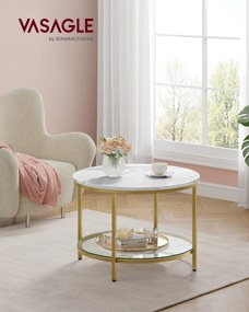 Mesa de centro com 2 níveis e tampo em vidro 65 x 46 cm (Ø x A) branco mármore e dourado claro
