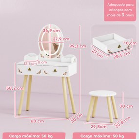 Toucador de Maquilhagem com Luzes LED de 3 Cores  Banco Espelho 2 Gavetas 2 Caixas de Armazenamento 60x30x99,3 cm Branco
