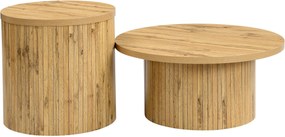 Conjunto de 2 mesas de centro redondas, com frentes de ripas de madeira natural verticais e cantos arredondados, 75x75x36 cm/50x50x50,5 cm, Cor natural