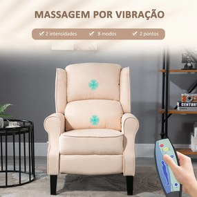 Poltrona de Massagem Poltrona Relax Reclinável com Controlo Remoto 2 Áreas de Massagem Bolso Lateral 78x83x101 cm Bege