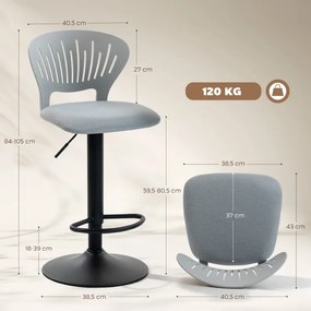 Conjunto de 2 Bancos Altos de Cozinha Giratórios a 360° Reguláveis em Altura de 84-105 cm 40,5x43x84-105 cm Cinzento
