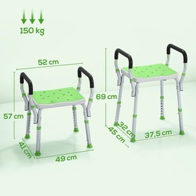 Banco de duche para idosos e pessoas com deficiência, com braços de apoio, altura ajustável, pés antiderrapantes, verde