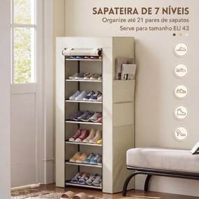 Sapateira de 7 Níveis, Sapateira Estreita em Aço com Capa em Tecido Não Tecido, 2 Bolsos, para 14-21 Pares, Bege