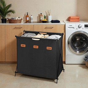 Cesto de roupa suja 135 litros e com 3 compartimentos 70 x 40 x 66 cm preto