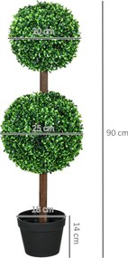 Conjunto de 2 árvores artificiais com duas esferas, incluindo tronco e vaso - altura 90 cm, verde