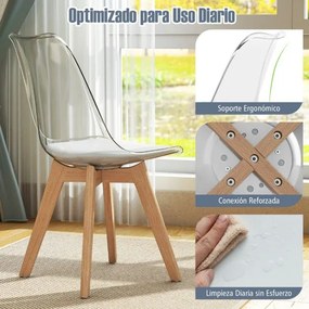 Conjunto de 4 cadeiras de jantar modernas (MESA NÃO INCLUIDA) sem braços com encosto Pernas em madeira de faia Almofada macia branca, cadeiras transpa