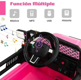 Carro elétrico para crianças com bateria de 12 V Controlo remoto Assento com mola Suspensão USB e porta auxiliar Rosa