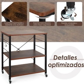 Carrinho de cozinha 60 x 40 x 73,5 cm com rodas bloqueáveis Ganchos removíveis Estante para micro-ondas Castanho