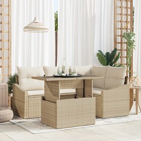 vidaXL Conjunto de Sofá de Jardim 5 Peças com Almofadas Bege em Rattan Poli