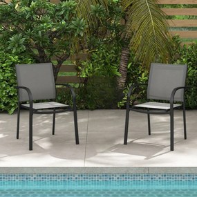 Conjunto de 2 cadeiras de jardim empilháveis de metal com assento e encosto respiráveis para jardim, piscina, varanda Cinza