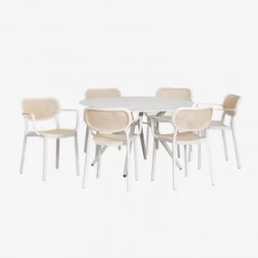 Conjunto De Mesa Redonda Ø125 Cm Em Alumínio Valerie E 6 Cadeiras De Jardim Empilháveis Com Apoios De Braços Em Polipropileno Om Branco Glacial -