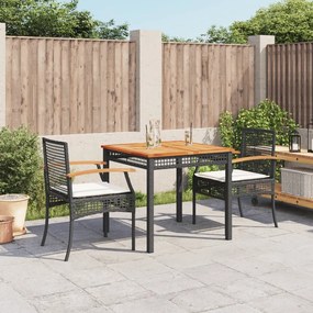 3 pcs conjunto de jantar p/ jardim c/ almofadões vime PE preto