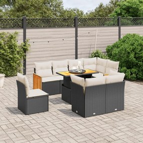 9 pcs conjunto de sofás p/ jardim c/ almofadões vime PE preto