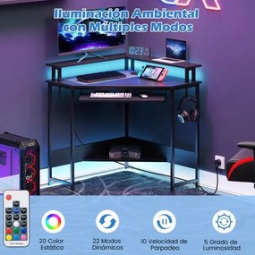 Secretária de canto com estação de carregamento e LED 80 x 80 x 88 cm, bandeja para teclado e suporte para monitor, mesa de gaming preta