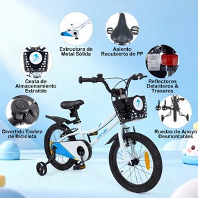 Bicicleta Infantil 4-7 anos, 114,5 x 56 x 71,5-77 cm, Rodas Estabilizadoras Removíveis, Branco