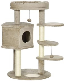 PawHut Arranhador para Gatos com Cama Caverna 3 Escadas Bolas Suspensas e Postes de Sisal 55x55x94cm Marrom e Creme