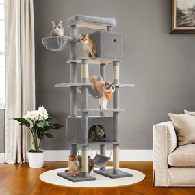Arranhador para gatos grande 78 x 48 x 201 cm, com plataforma cinzento claro