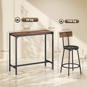 Conjunto de Mesa de Bar e 2 Bancos, 100 x 40 x 90,5 cm, Assentos Acolchoados em PU, Castanho