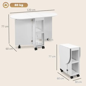 Mesa de Cozinha Dobrável com Rodas Laterais Rebatíveis e 2 Prateleiras Abertas Estilo Moderno 120x60x77 cm Branco