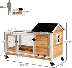 Coelheira de Madeira com Rodas para 1-2 Coelhos com Teto Abatível Bandeja Amovível 108x58x73,5 cm Madeira e Branco