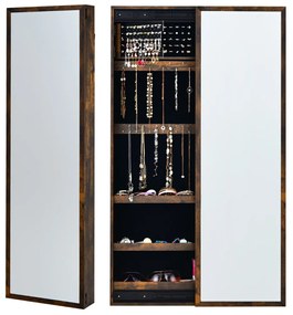 Armário de Joias com Espelho de parede de Jóias Montado em Muro de Jóias com Porta Deslizante Organizador de Jóias 37 x 9 x 120 cm Castanho
