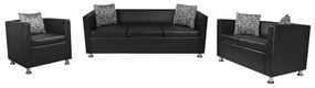 vidaXL Conjunto sofás de 2 e 3 lugares + poltrona couro artific. preto