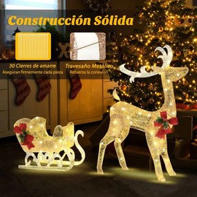 Renas e trenó iluminados Decoração de Natal para exterior com 100 luzes brancas quentes para jardim dourado