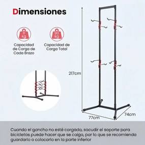 Suporte de Chão para 4 Bicicletas, 77 x 74 x 217 cm, Braços Ajustáveis, Preto