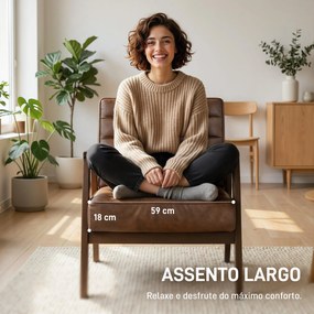 Poltrona Vintage Estofada em Couro Sintético com Almofada Espessa Estrutura em Madeira Maciça 64x79,5x80 cm Castanho