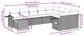 10 pcs conjunto de sofás p/ jardim com almofadões vime PE bege