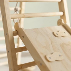 Triângulo de Escalada Montessori 6 em 1 Estrutura de Madeira com Plataforma Anéis e Escorrega para Escalar ou Deslizar Madeira