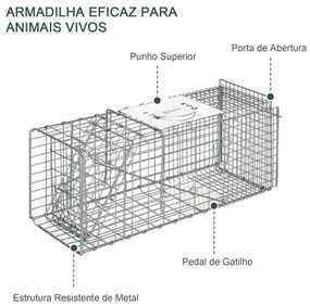 Armadilha para Animais Vivos Dobrável 66x24x30,5 cm Gaiola de Captura com Porta e Alça para Coelhos Roedores Prata