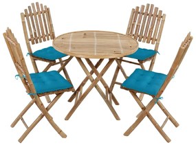 5 pcs conj. de jantar dobrável c/ almofadões p/ exterior bambu