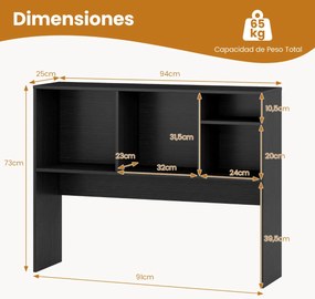 Estante organizadora de secretária 94 x 25 x 73 cm com 4 cubículos e compartimento traseiro aberto Preta