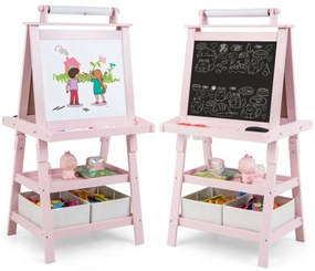 Cavalete infantil de dupla face 3 em 1 com 2 prateleiras 2 caixas e tabuleiro grande 59 x 50 x 117 cm Rosa