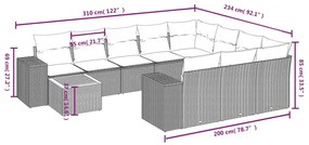 11 pcs conjunto sofás de jardim c/ almofadões vime PE cinzento