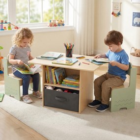 Conjunto de mesa e 2 cadeiras infantis, mesa de atividades com gavetas, tecido, dobrável, compartimentos de arrumação para crianças a partir dos 3 ano