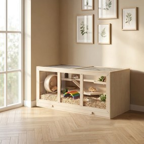 Gaiola para hamsters e gerbil, 2 níveis, teto abrível, janelas, casinha e 2 escadas, 115 x 57 x 55 cm, efeito de madeira natural