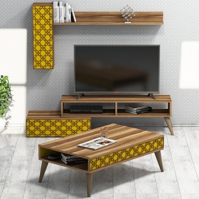 Conjunto de Mobiliário de Sala de Estar Planet – Nogueira e Amarelo –
