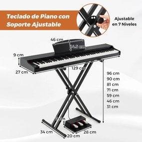 Piano digital de 88 teclas tamanho real com teclas semi-contrapesadas, altifalantes duplos, modo de teclado duplo e 3 pedais, suporte ajustável para p