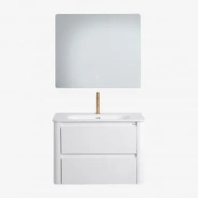 Conjunto De Móvel De Casa De Banho Suspenso Em Madeira Com Lavatório Integrado Egerton Branco & Led Retangular E Anti-embaciamento 80x70 Cm - Sklum